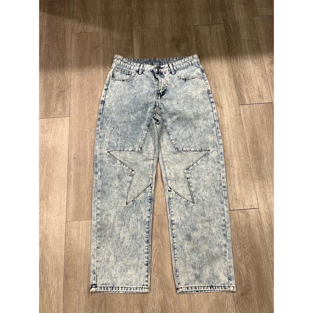 Women's Size S Acid Wash Star Patch Wide Leg Jeans Denim punk grunge skater y2k